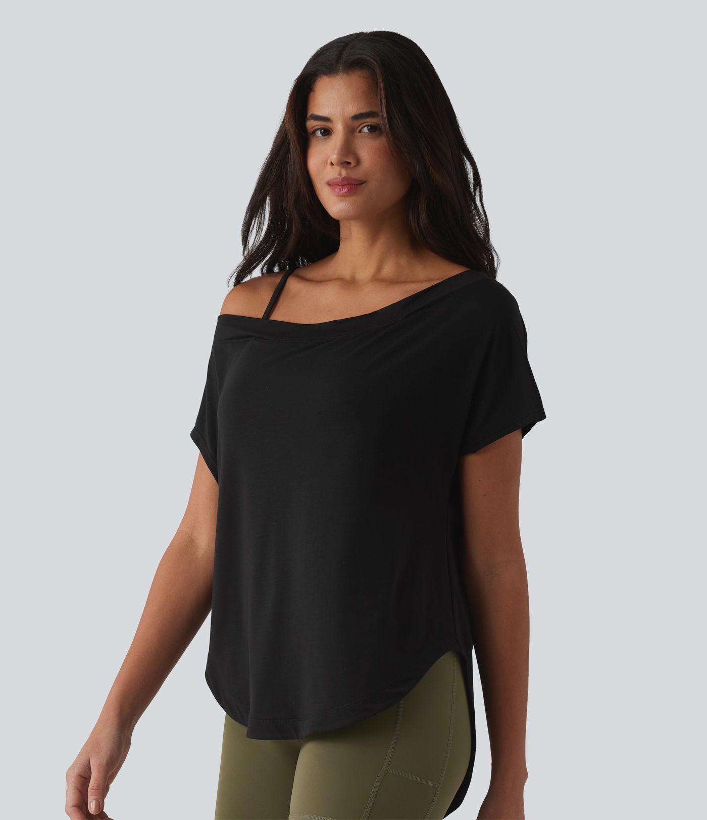 One Shoulder Short Sleeve Curved Hem High Low Built-in Bra Quick Dry Yoga Sports Top