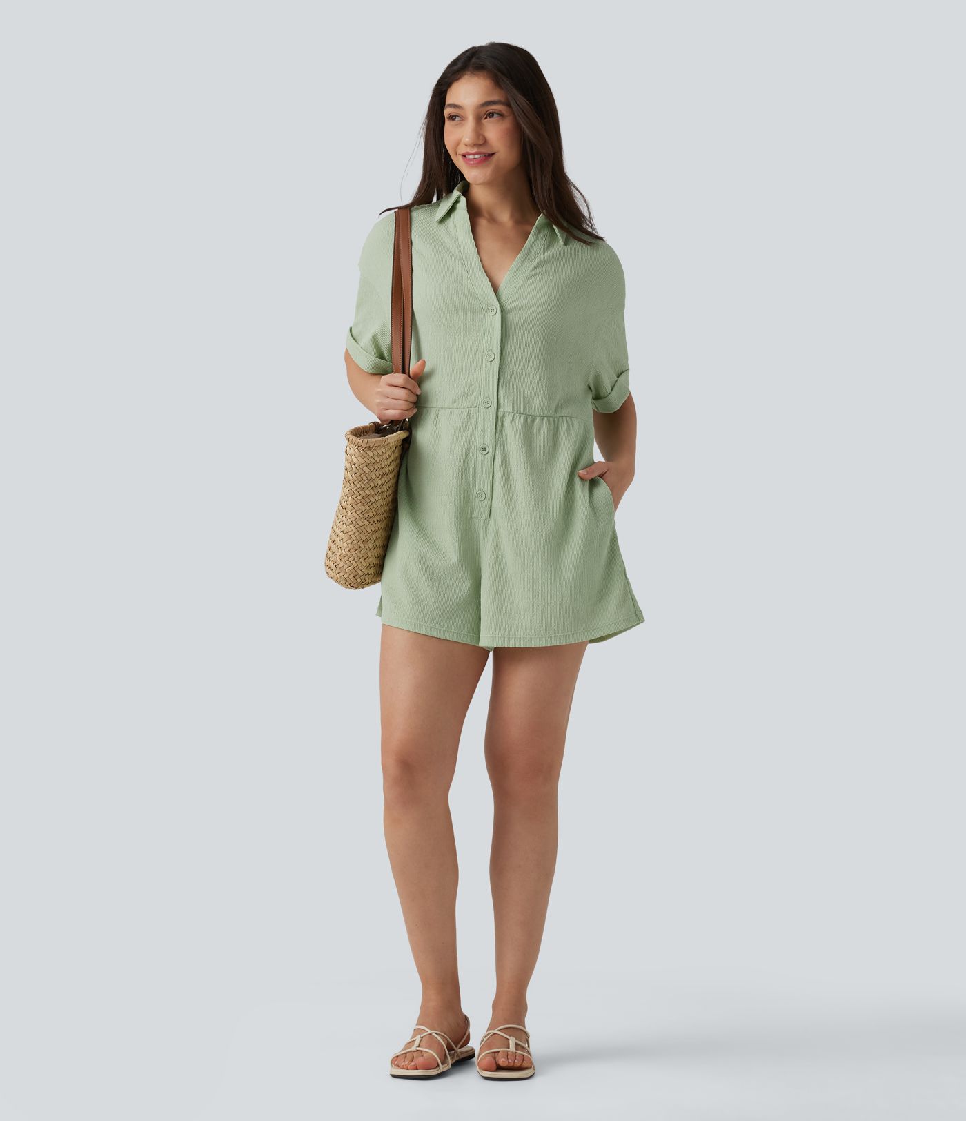 Dropped Shoulder Short Sleeve Romper with Pockets