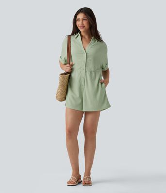 Dropped Shoulder Short Sleeve Romper with Pockets