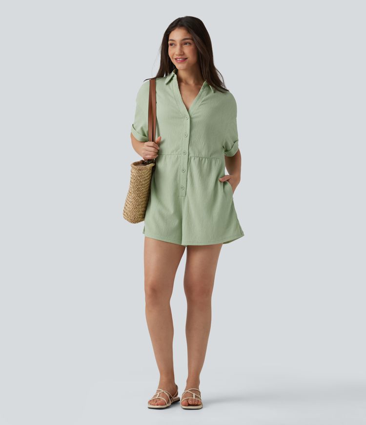 Dropped Shoulder Short Sleeve Romper with Pockets