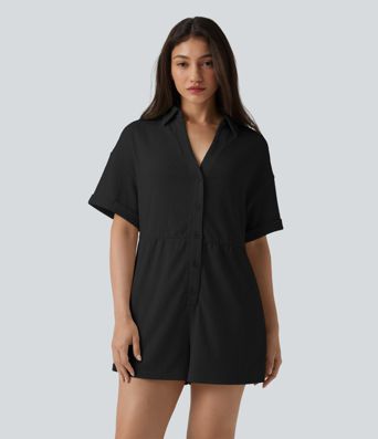 Dropped Shoulder Short Sleeve Romper with Pockets