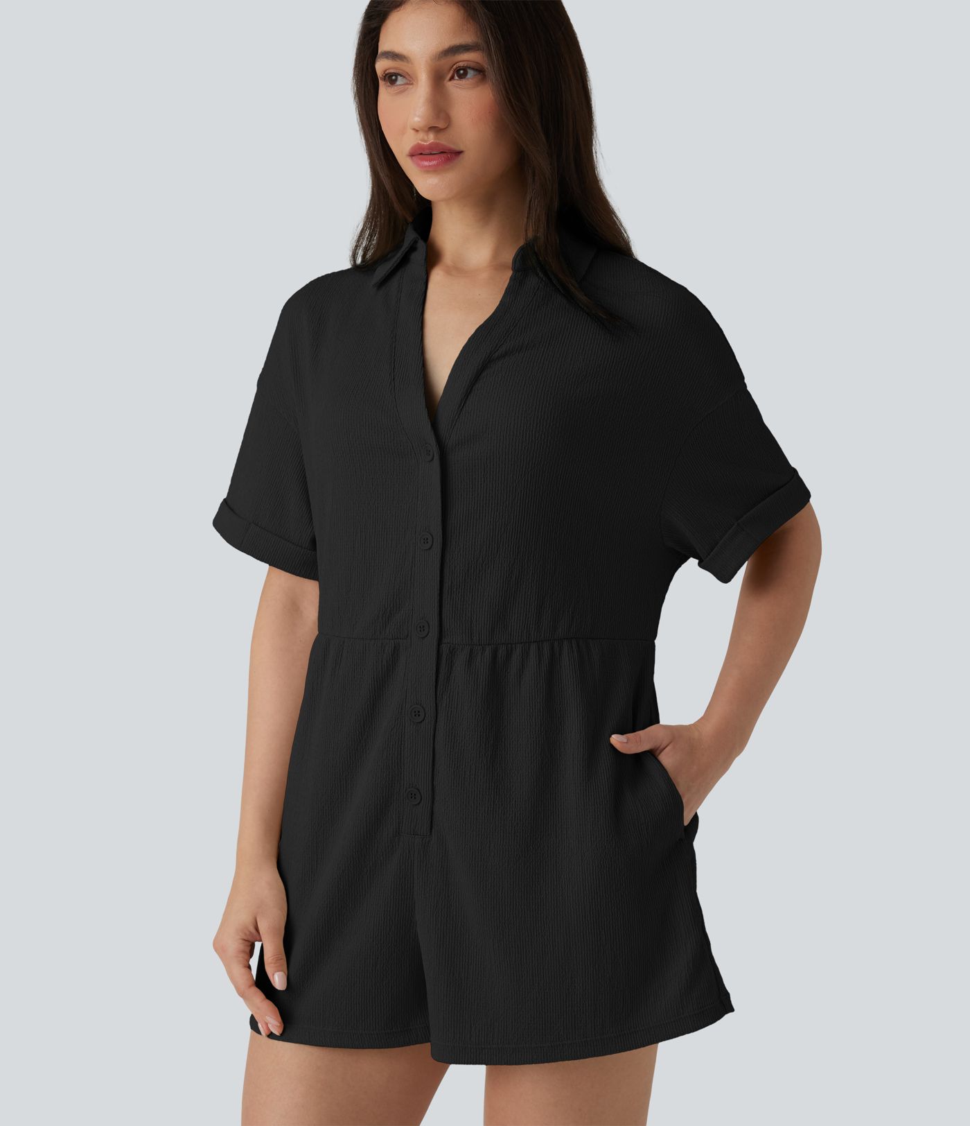 Dropped Shoulder Short Sleeve Romper with Pockets