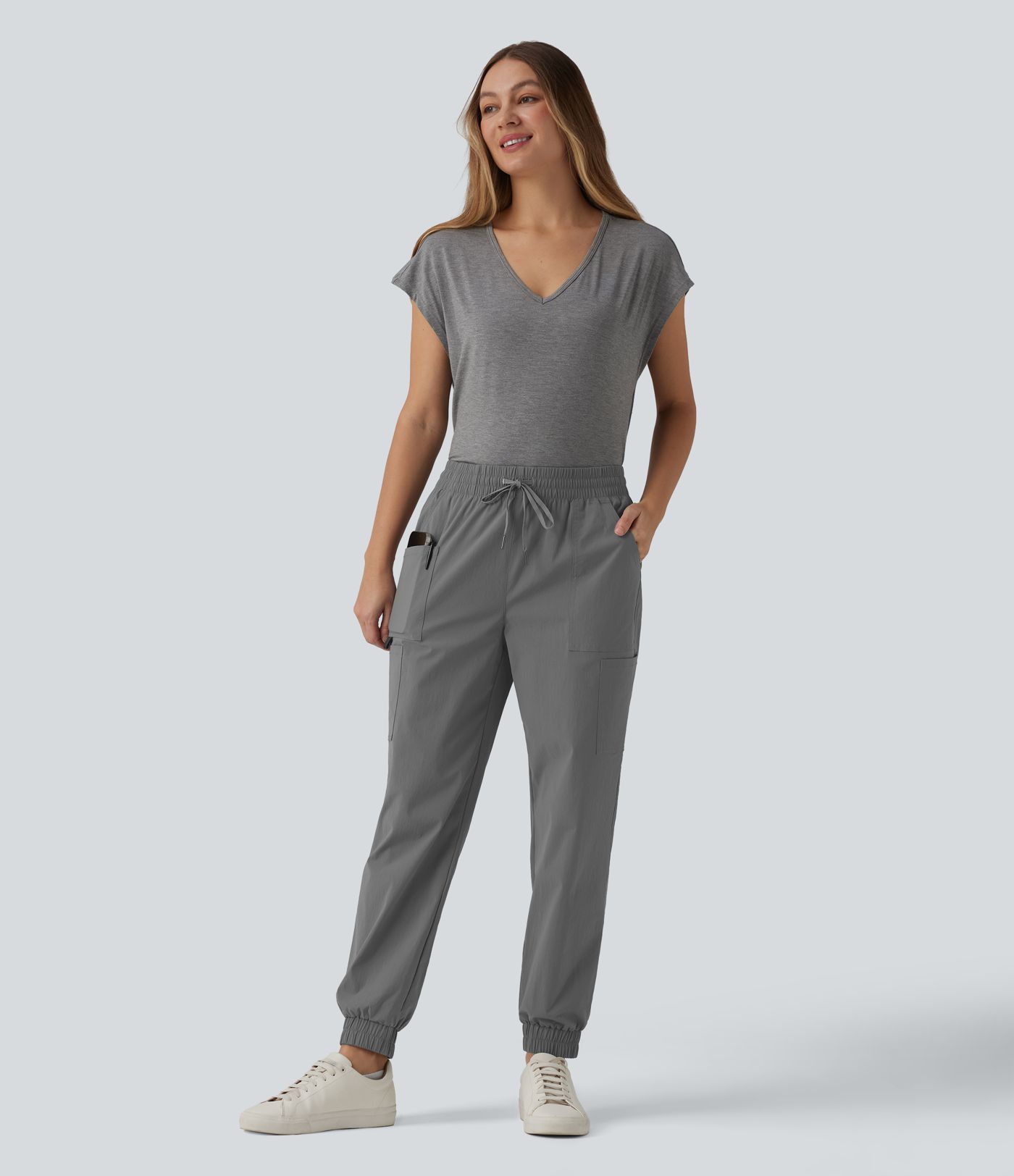 Jogging cargo décontracté taille mi-haute avec cordon de serrage et poches