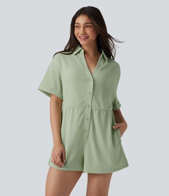 Dropped Shoulder Short Sleeve Romper with Pockets