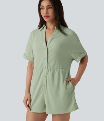 Dropped Shoulder Short Sleeve Romper with Pockets