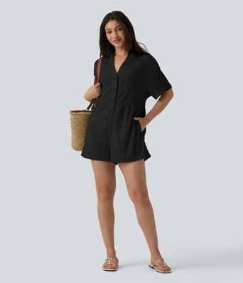 Dropped Shoulder Short Sleeve Romper with Pockets