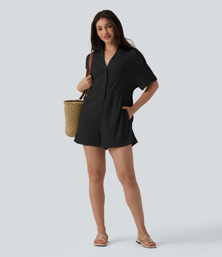 Dropped Shoulder Short Sleeve Romper with Pockets