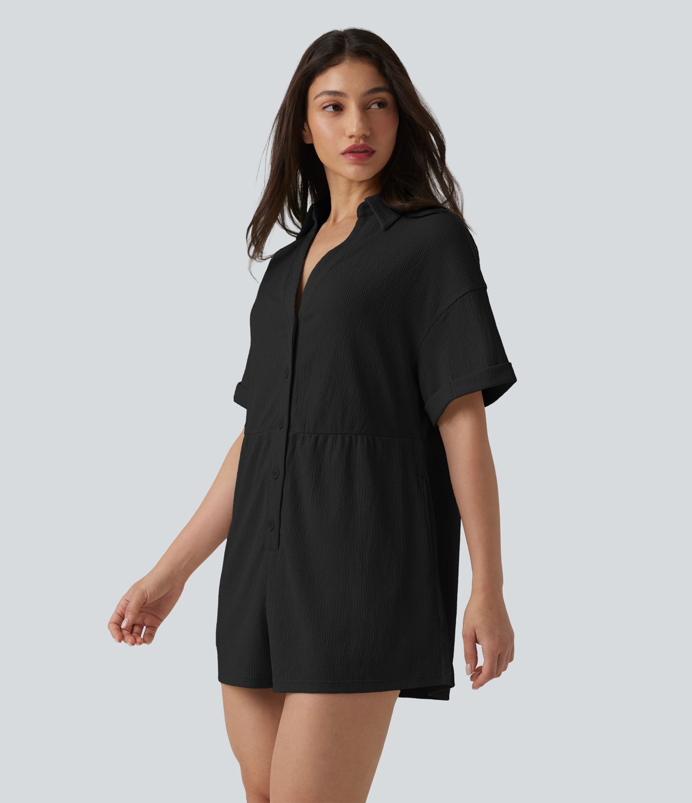 Dropped Shoulder Short Sleeve Romper with Pockets