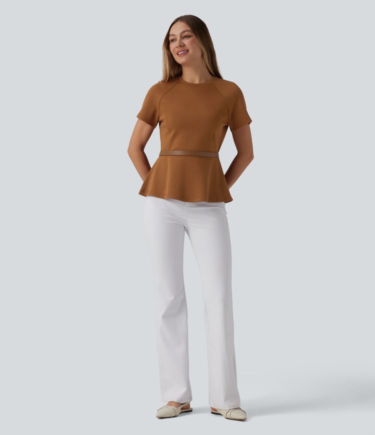 Top peplum de trabajo con escote redondo y manga corta