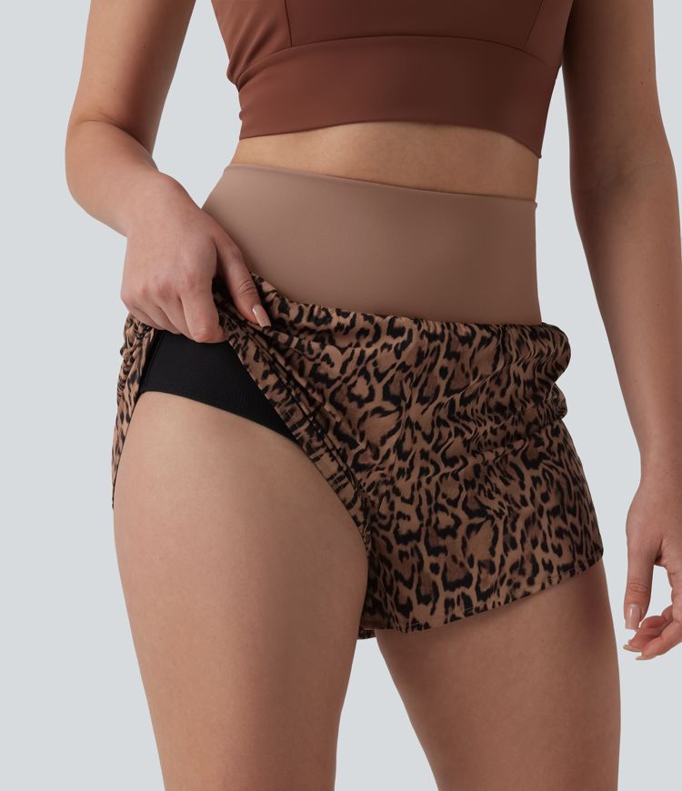 High Waisted 2-in-1 Leopard Print Running Shorts 3'' with Pocket