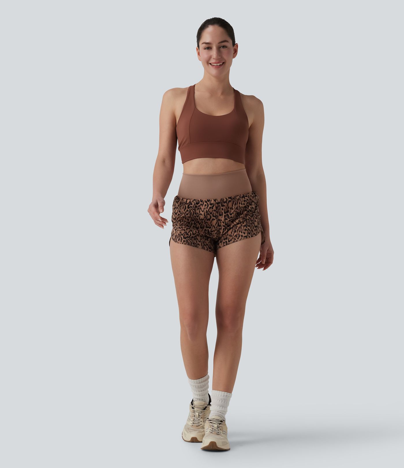 High Waisted 2-in-1 Leopard Print Running Shorts 3'' with Pocket