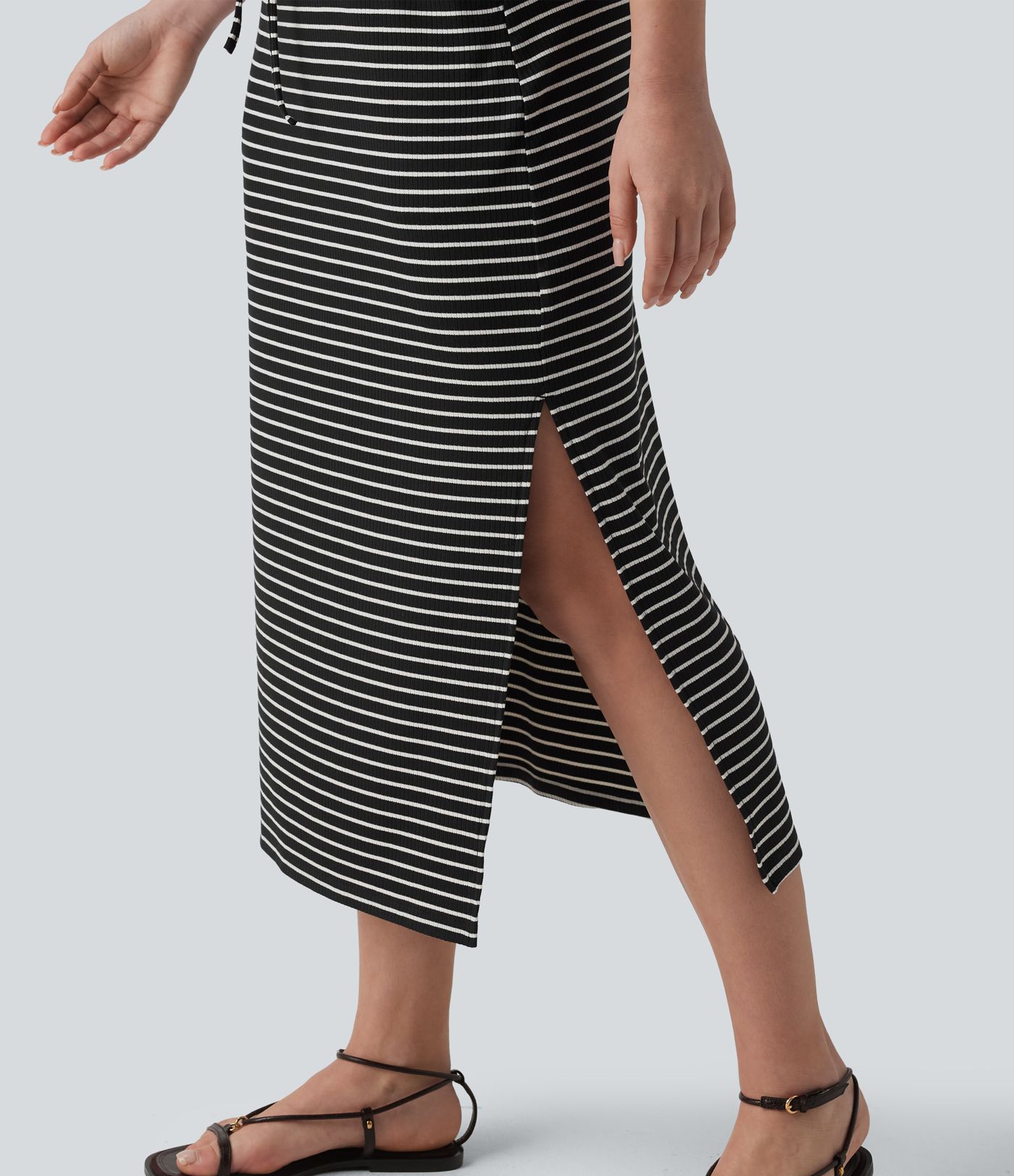 Built-in Bra Drawsting Stripe Midi Casual Dress with Pockets