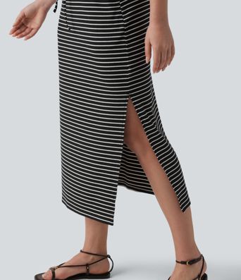 Built-in Bra Drawsting Stripe Midi Casual Dress with Pockets