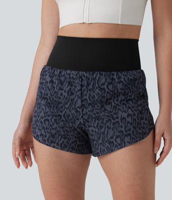 High Waisted 2-in-1 Leopard Print Running Shorts 3'' with Pocket