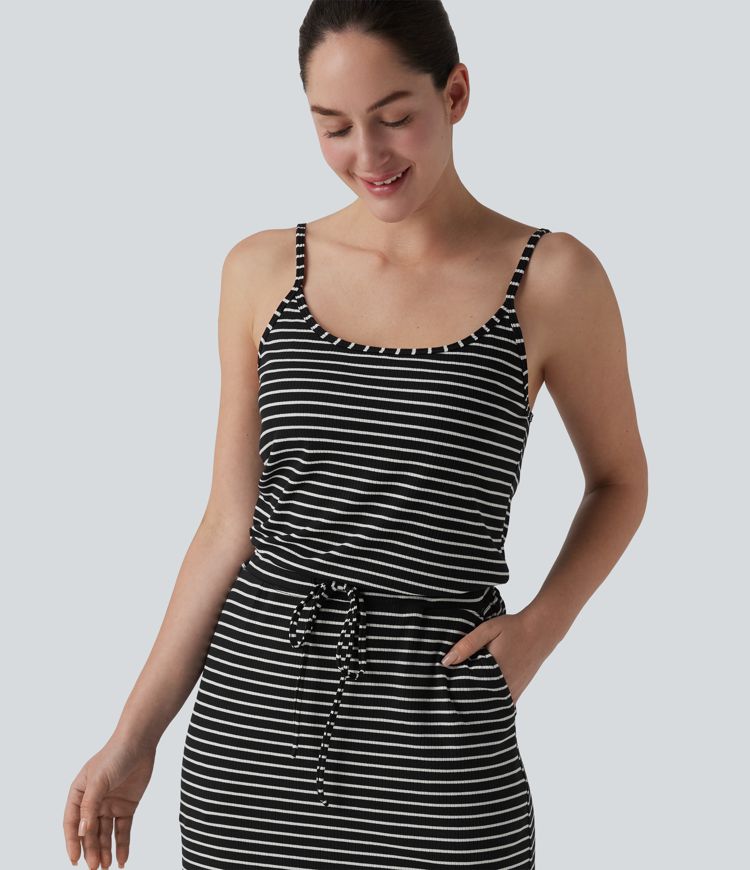 Built-in Bra Drawsting Stripe Midi Casual Dress with Pockets