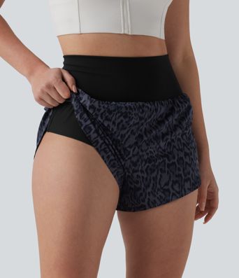High Waisted 2-in-1 Leopard Print Running Shorts 3'' with Pocket