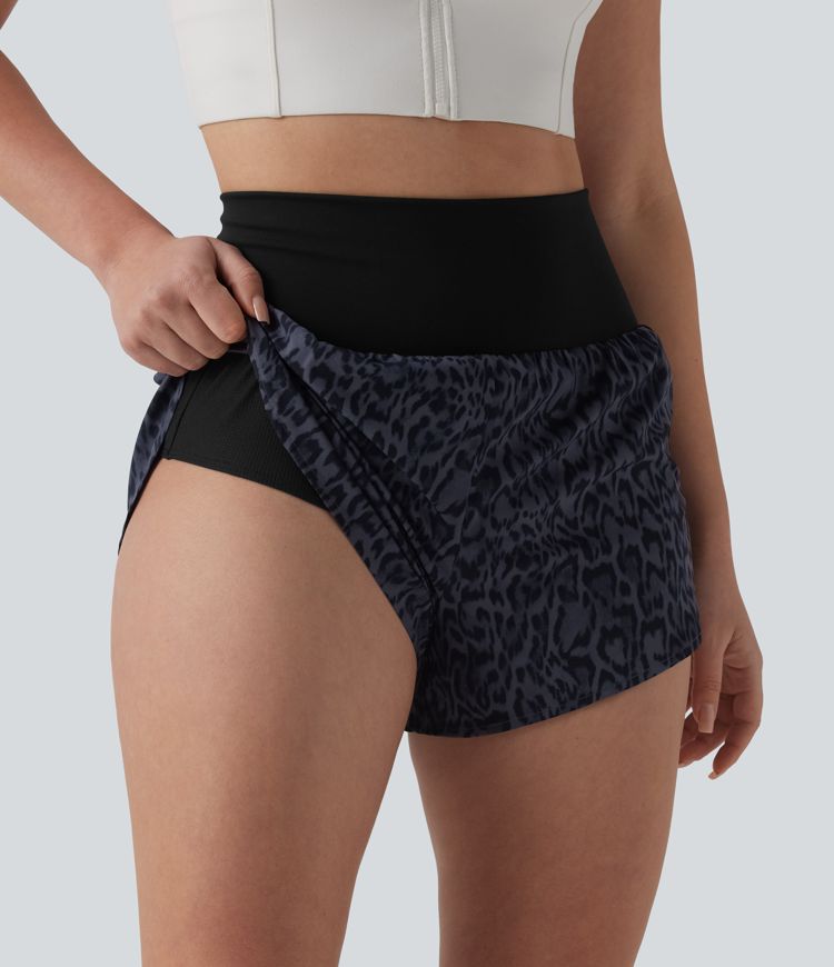 High Waisted 2-in-1 Leopard Print Running Shorts 3'' with Pocket