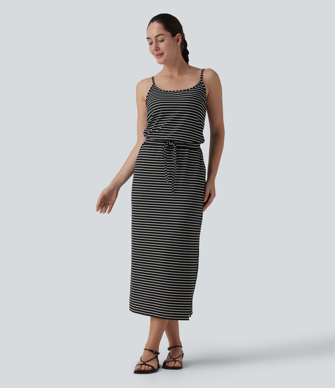 Built-in Bra Drawsting Stripe Midi Casual Dress with Pockets
