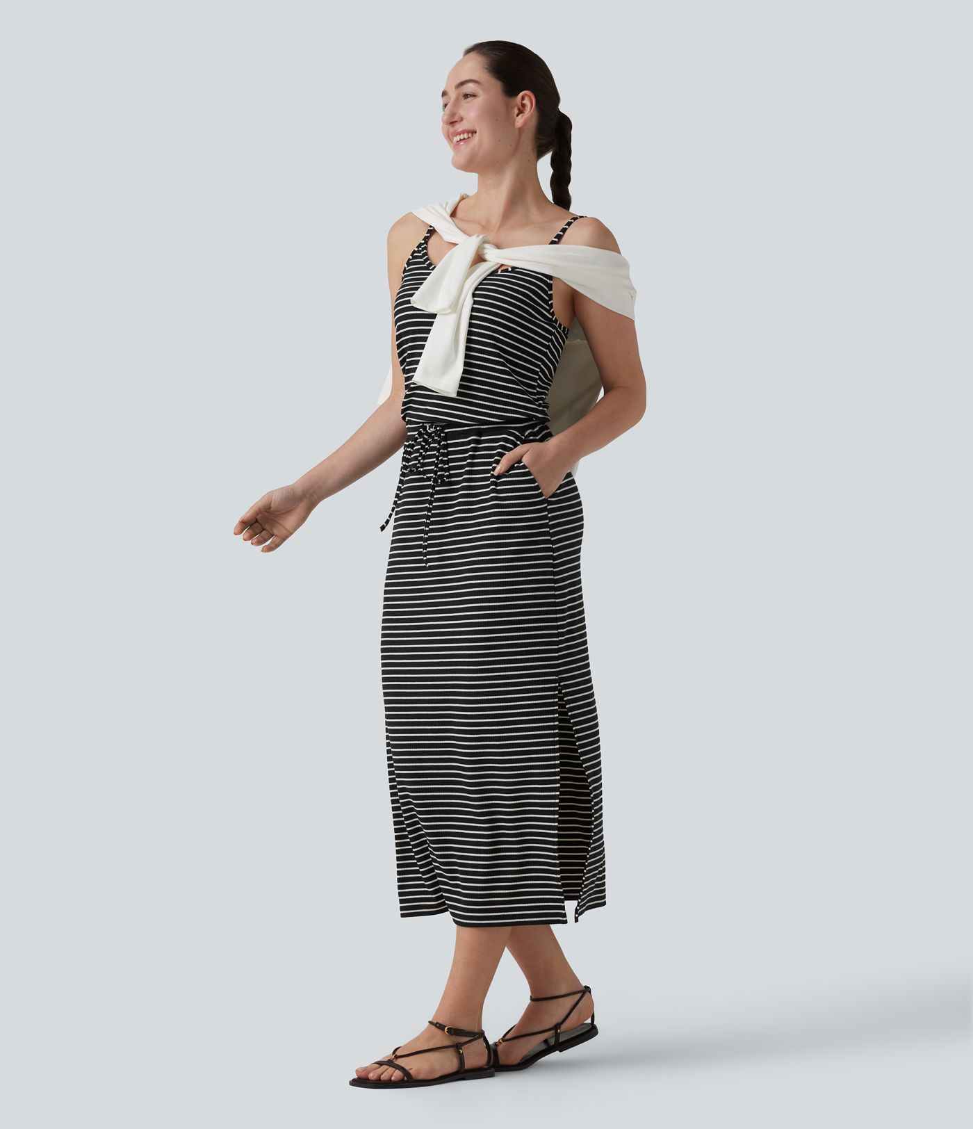 Built-in Bra Drawsting Stripe Midi Casual Dress with Pockets