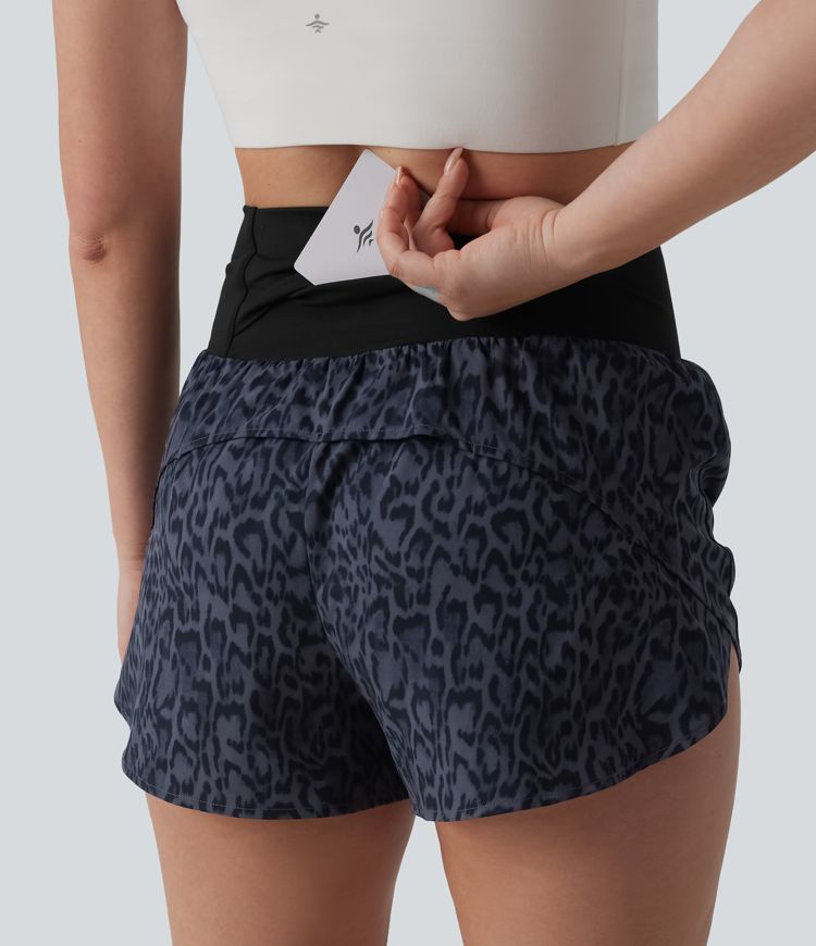 High Waisted 2-in-1 Leopard Print Running Shorts 3'' with Pocket