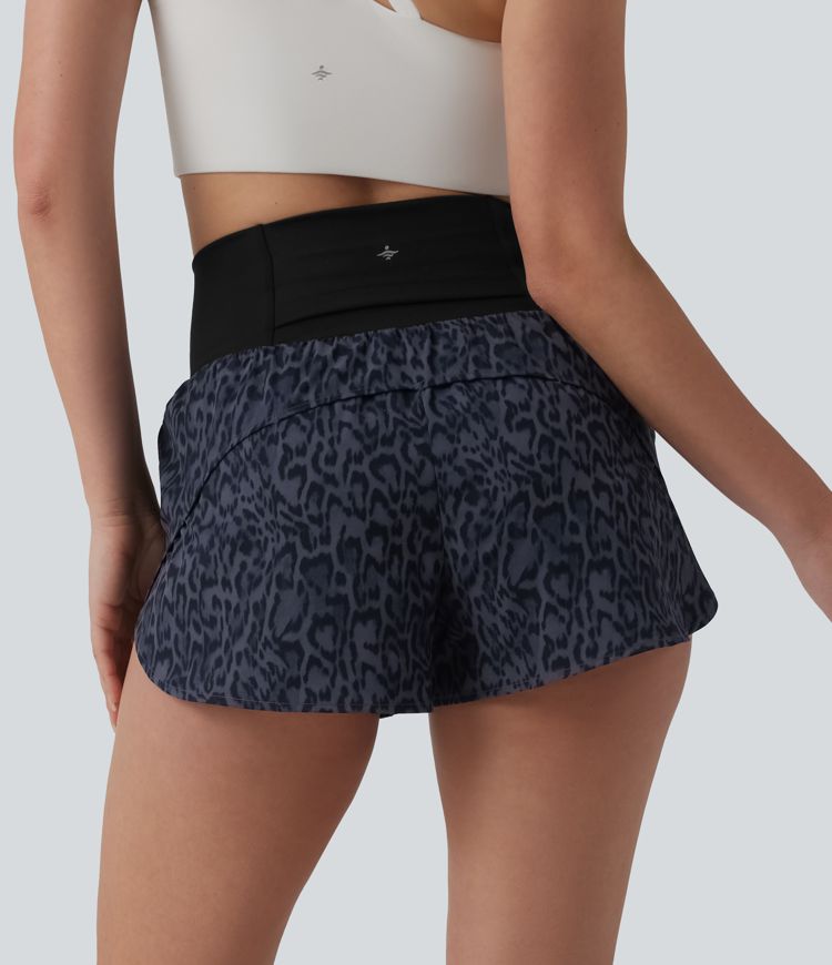High Waisted 2-in-1 Leopard Print Running Shorts 3'' with Pocket