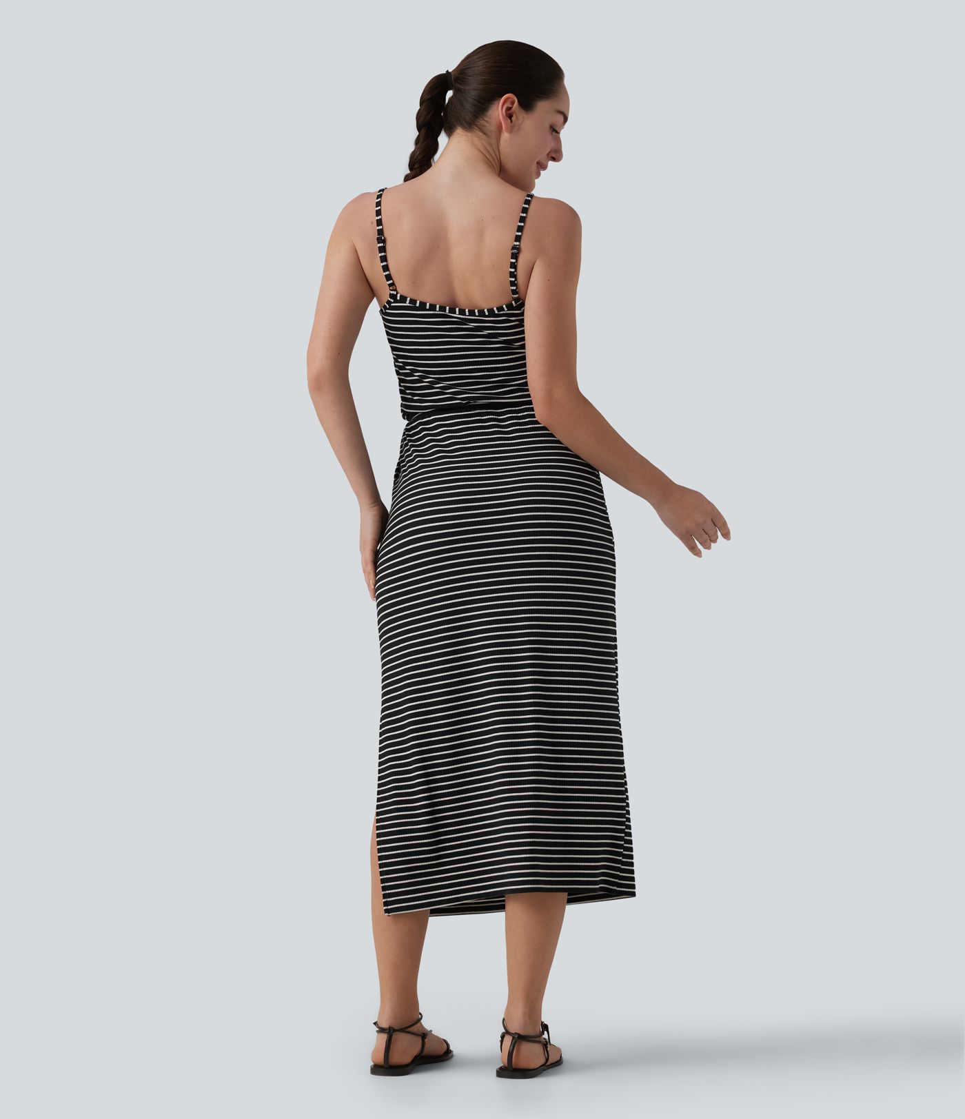 Built-in Bra Drawsting Stripe Midi Casual Dress with Pockets