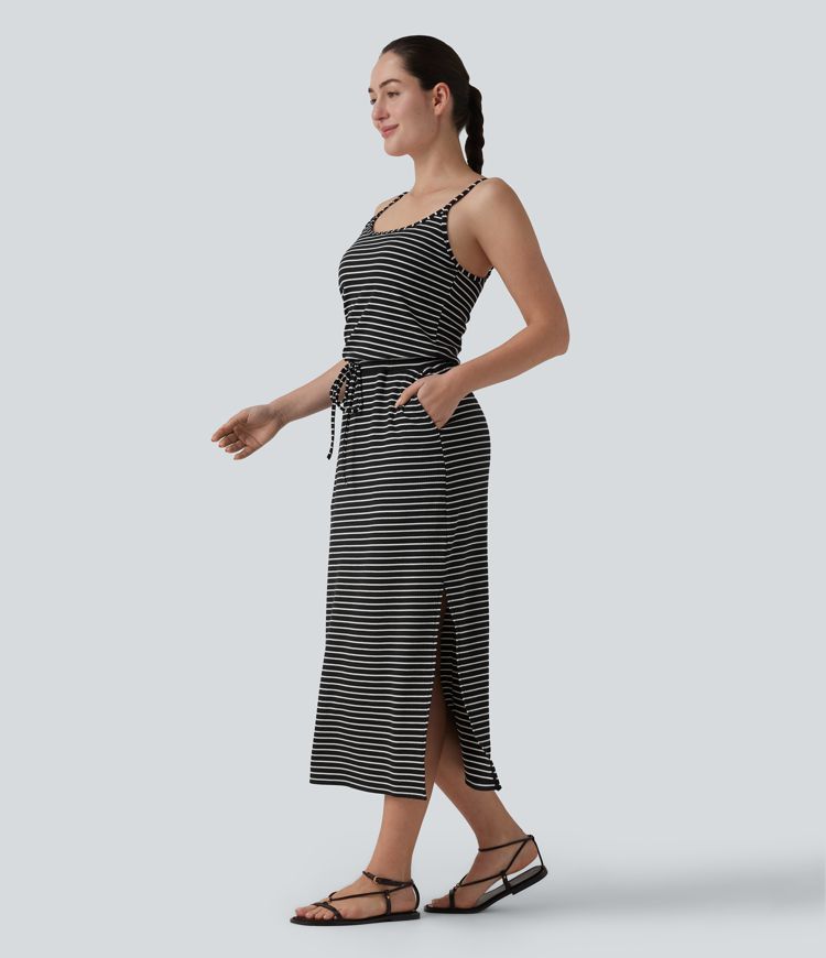 Built-in Bra Drawsting Stripe Midi Casual Dress with Pockets