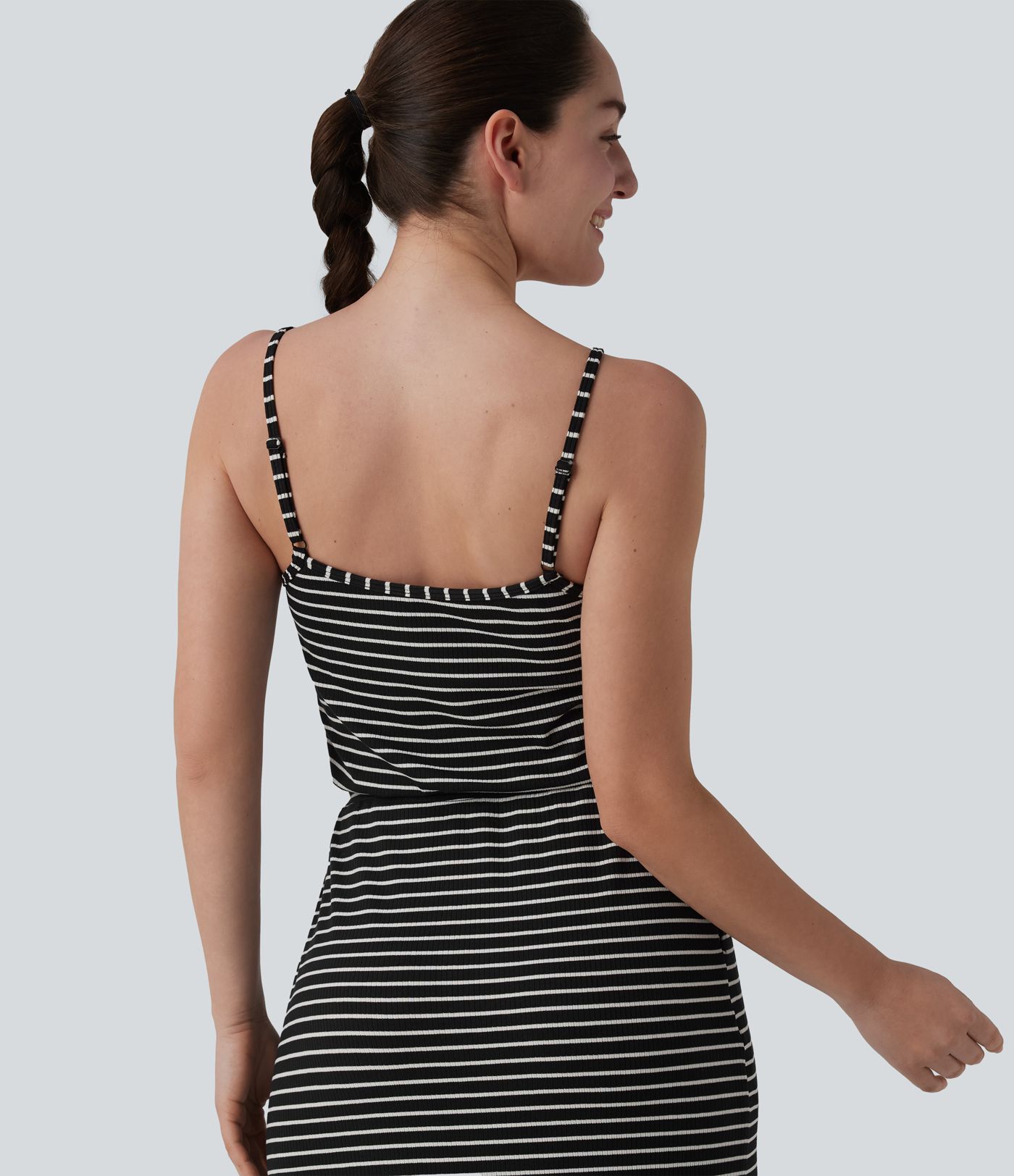 Built-in Bra Drawsting Stripe Midi Casual Dress with Pockets