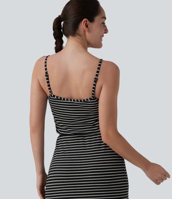 Built-in Bra Drawsting Stripe Midi Casual Dress with Pockets