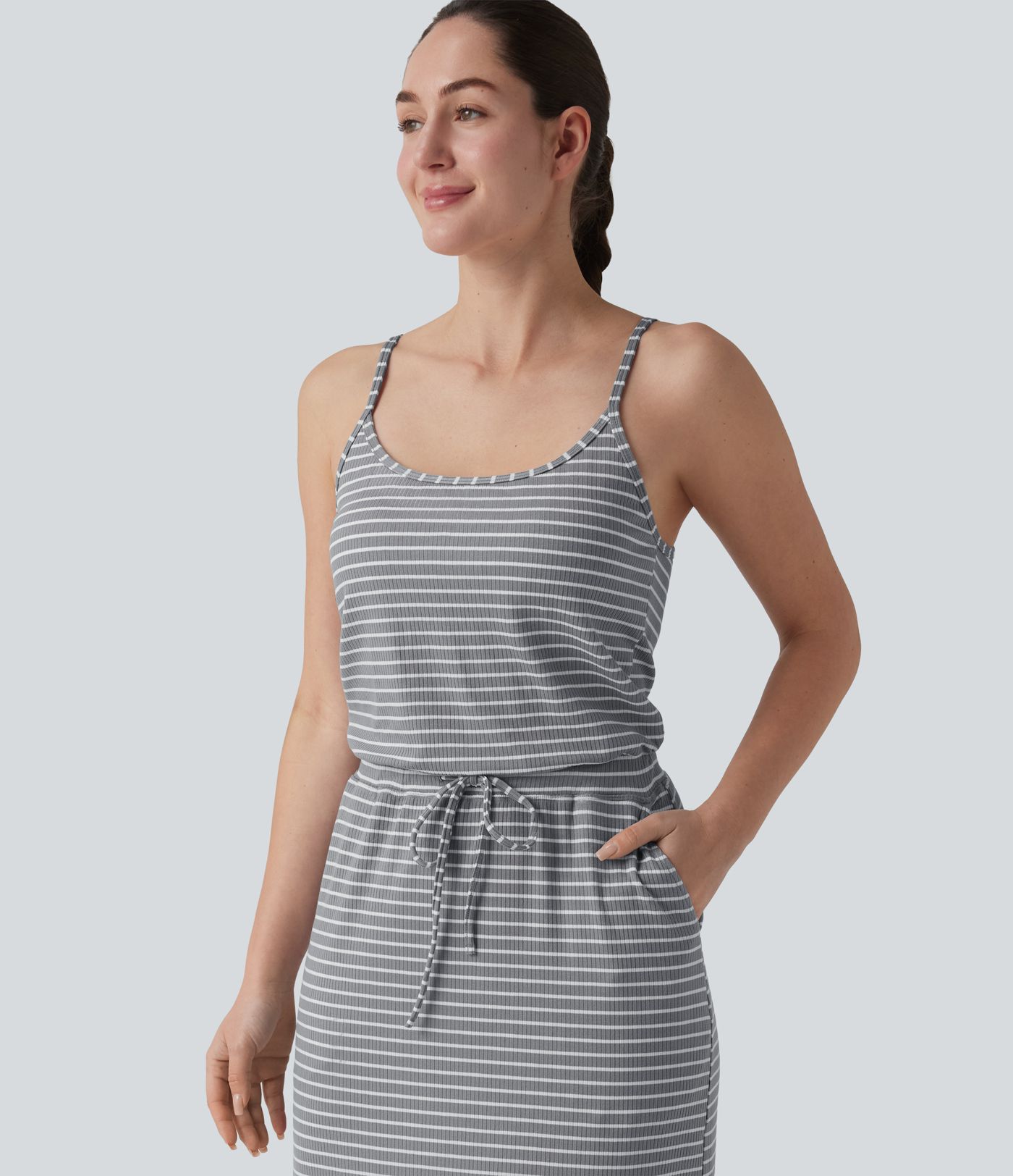 Robe décontractée midi rayée avec brassière intégrée cordon de serrage et poches