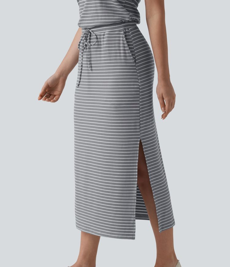 Robe décontractée midi rayée avec brassière intégrée cordon de serrage et poches
