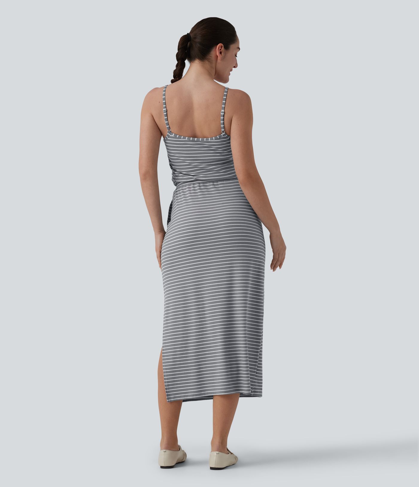 Robe décontractée midi rayée avec brassière intégrée cordon de serrage et poches