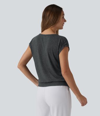 High-waisted, round-neck, short-sleeved suit in ribbed wool blend knit