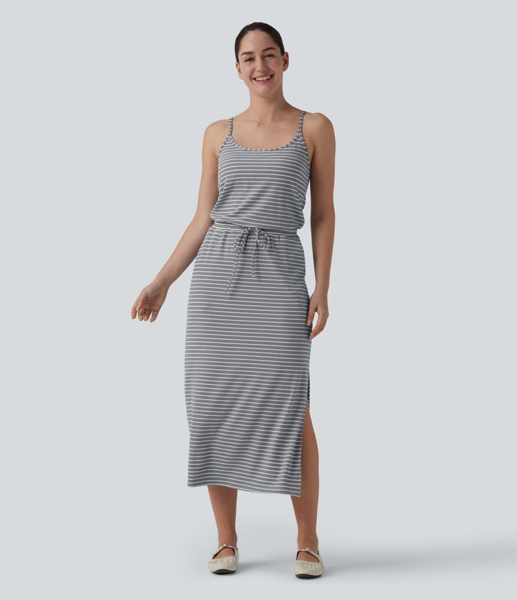 Robe décontractée midi rayée avec brassière intégrée cordon de serrage et poches