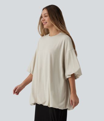 Round Neck Half Sleeve Bubble Hem Oversized Casual Top