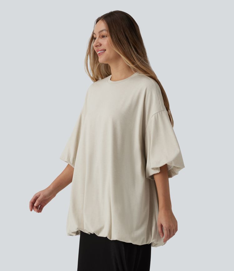 Round Neck Half Sleeve Bubble Hem Oversized Casual Top
