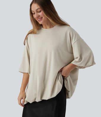 Round Neck Half Sleeve Bubble Hem Oversized Casual Top