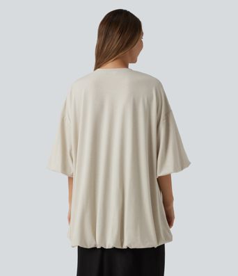 Round Neck Half Sleeve Bubble Hem Oversized Casual Top