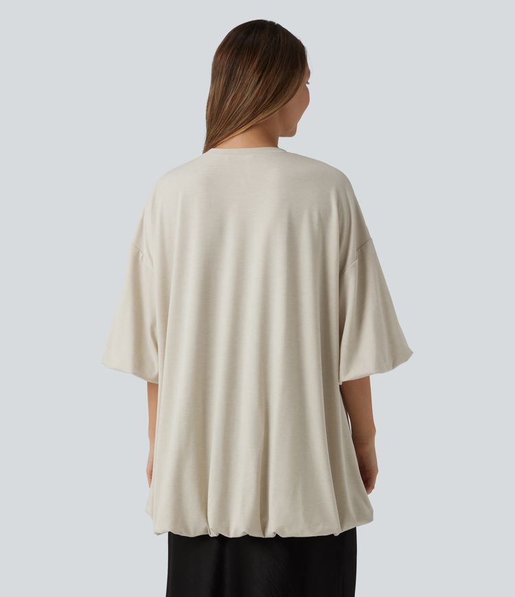 Round Neck Half Sleeve Bubble Hem Oversized Casual Top