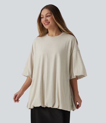 Round Neck Half Sleeve Bubble Hem Oversized Casual Top