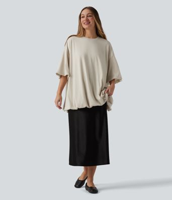 Round Neck Half Sleeve Bubble Hem Oversized Casual Top