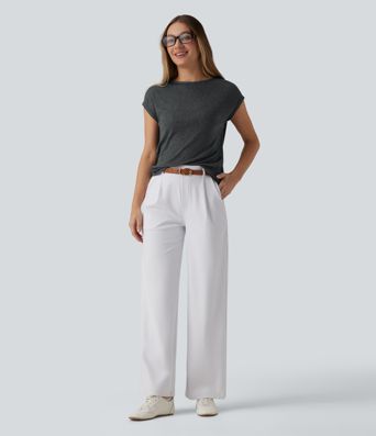 High-waisted, round-neck, short-sleeved suit in ribbed wool blend knit