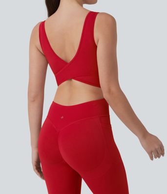 Halara UltraSculpt™ Crisscross Backless Tummy Control Butt Lifting Scrunch Non-Removable Pad Workout Flare Jumpsuit with Pockets-Easy Peezy