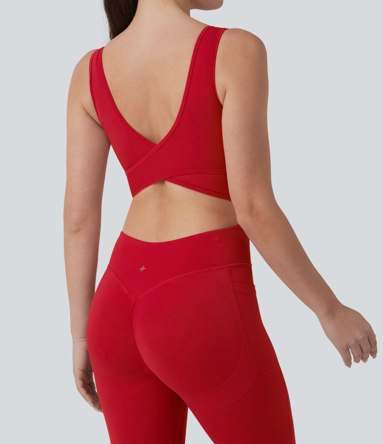 Halara UltraSculpt™ Crisscross Backless Tummy Control Butt Lifting Scrunch Non-Removable Pad Workout Flare Jumpsuit with Pockets-Easy Peezy