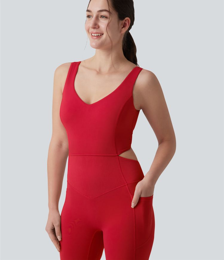 Halara UltraSculpt™ Crisscross Backless Tummy Control Butt Lifting Scrunch Non-Removable Pad Workout Flare Jumpsuit with Pockets-Easy Peezy