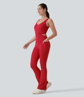 Halara UltraSculpt™ Crisscross Backless Tummy Control Butt Lifting Scrunch Non-Removable Pad Workout Flare Jumpsuit with Pockets-Easy Peezy