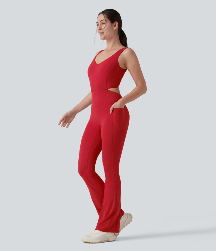 Halara UltraSculpt™ Crisscross Backless Tummy Control Butt Lifting Scrunch Non-Removable Pad Workout Flare Jumpsuit with Pockets-Easy Peezy