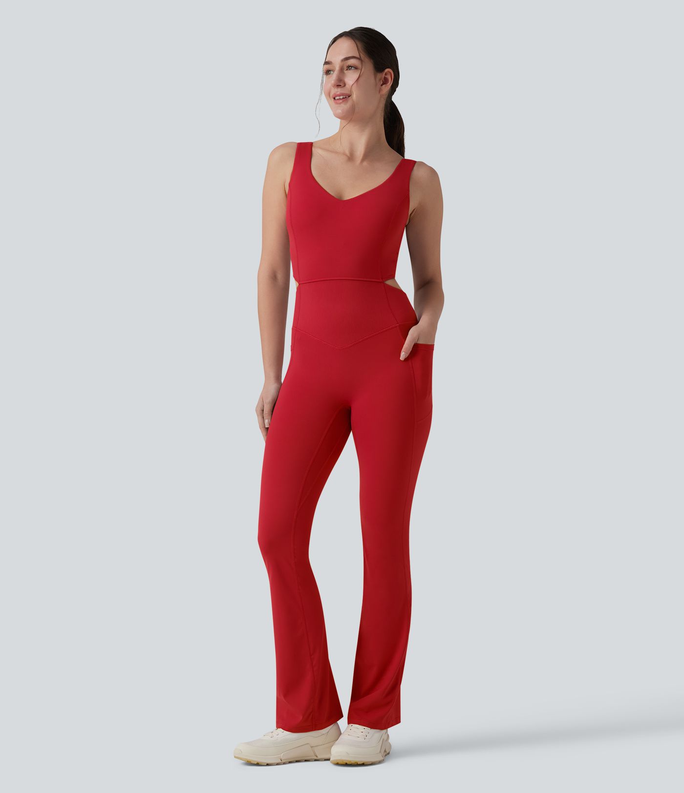 Halara UltraSculpt™ Crisscross Backless Tummy Control Butt Lifting Scrunch Non-Removable Pad Workout Flare Jumpsuit with Pockets-Easy Peezy