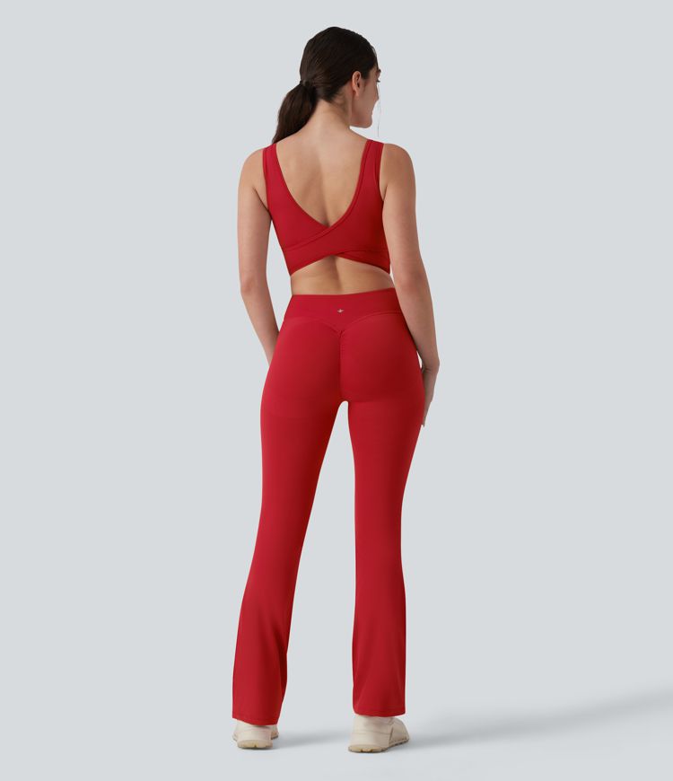 Halara UltraSculpt™ Crisscross Backless Tummy Control Butt Lifting Scrunch Non-Removable Pad Workout Flare Jumpsuit with Pockets-Easy Peezy