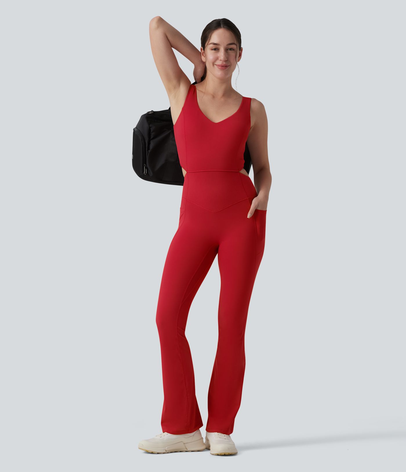 Halara UltraSculpt™ Crisscross Backless Tummy Control Butt Lifting Scrunch Non-Removable Pad Workout Flare Jumpsuit with Pockets-Easy Peezy